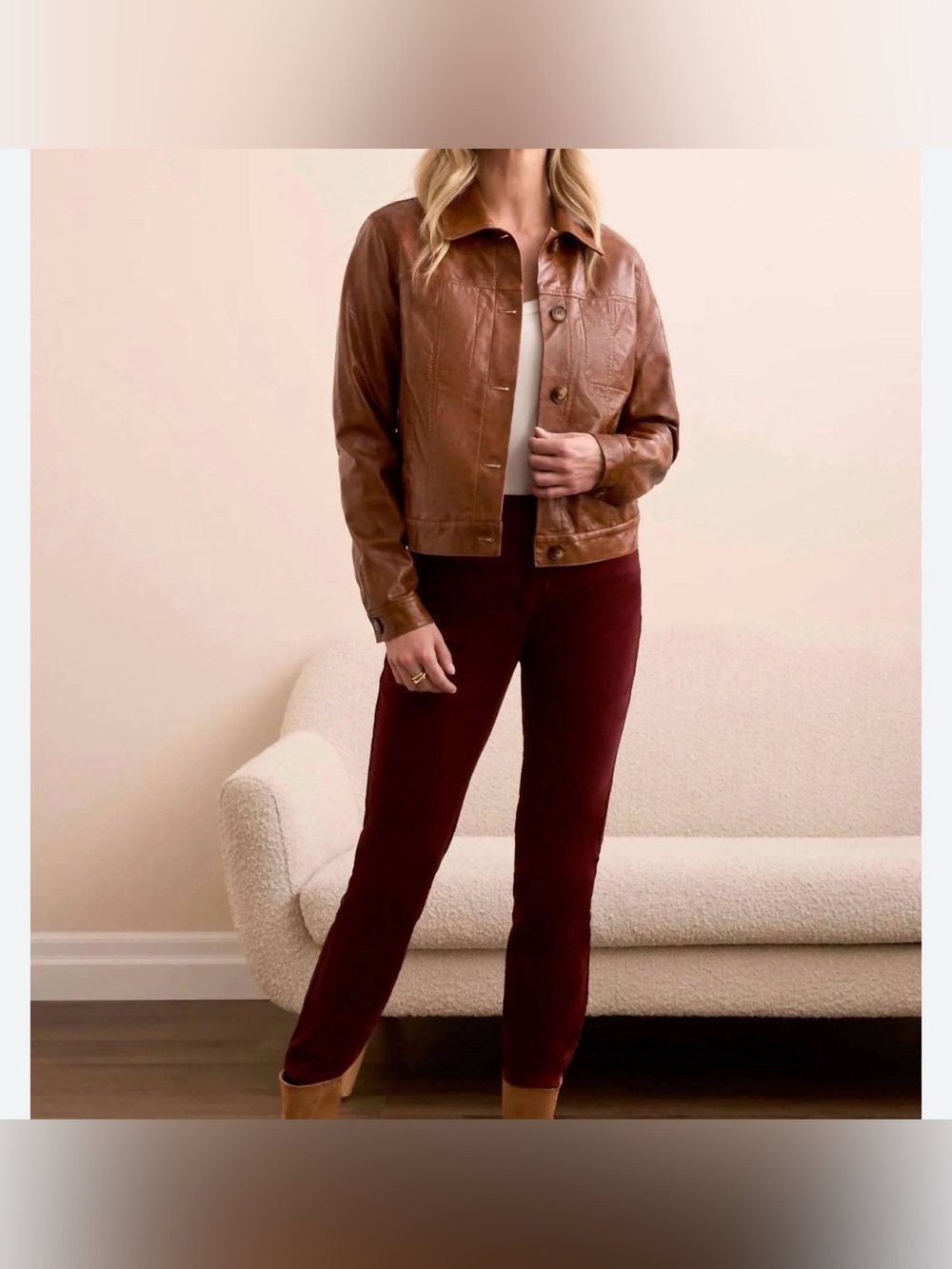 Tribal Faux Leather Brown Button-front Collar-accent Jacket size Large